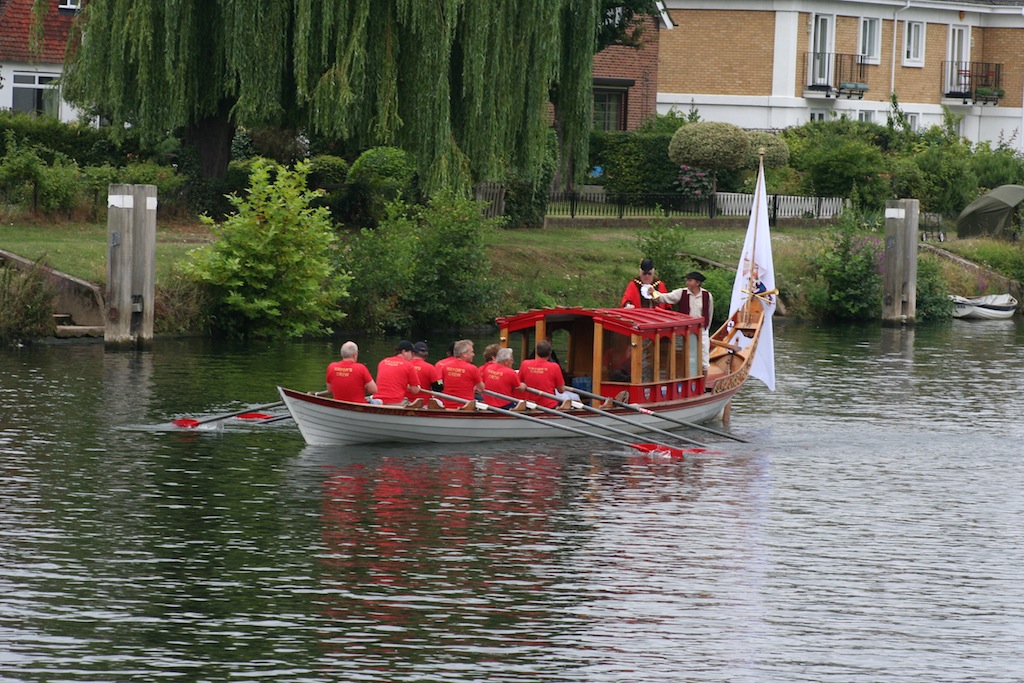 The mayor is rowed from Staines to Sunbury in a shallop The mayor is rowed from Staines to Sunbury in a shallop
