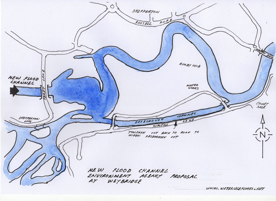 Doug Myers produced this map showing where the flood alleviation channel will empty into the Thames just downstream of Shepperton Lock.